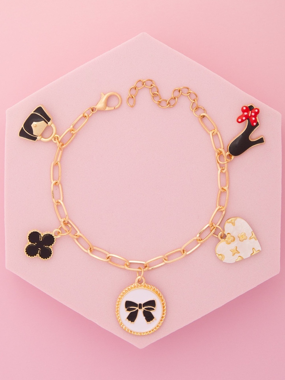 Gold Charm Bracelet with Black & White Enamel Charms